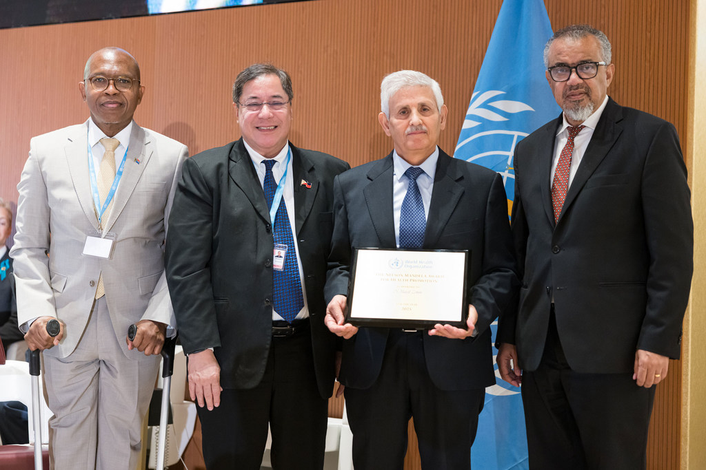 [Left to right] Ambassador Mxolisi Nkosi of South Africa; President of the 78th World Health Assembly Teodoro Herbosa; Dr. Majed Zemni of Tunisia, recipient of the 2025 Nelson Mandela Award for Health Promotion; and WHO Director-General Dr. Tedros Adhanom G